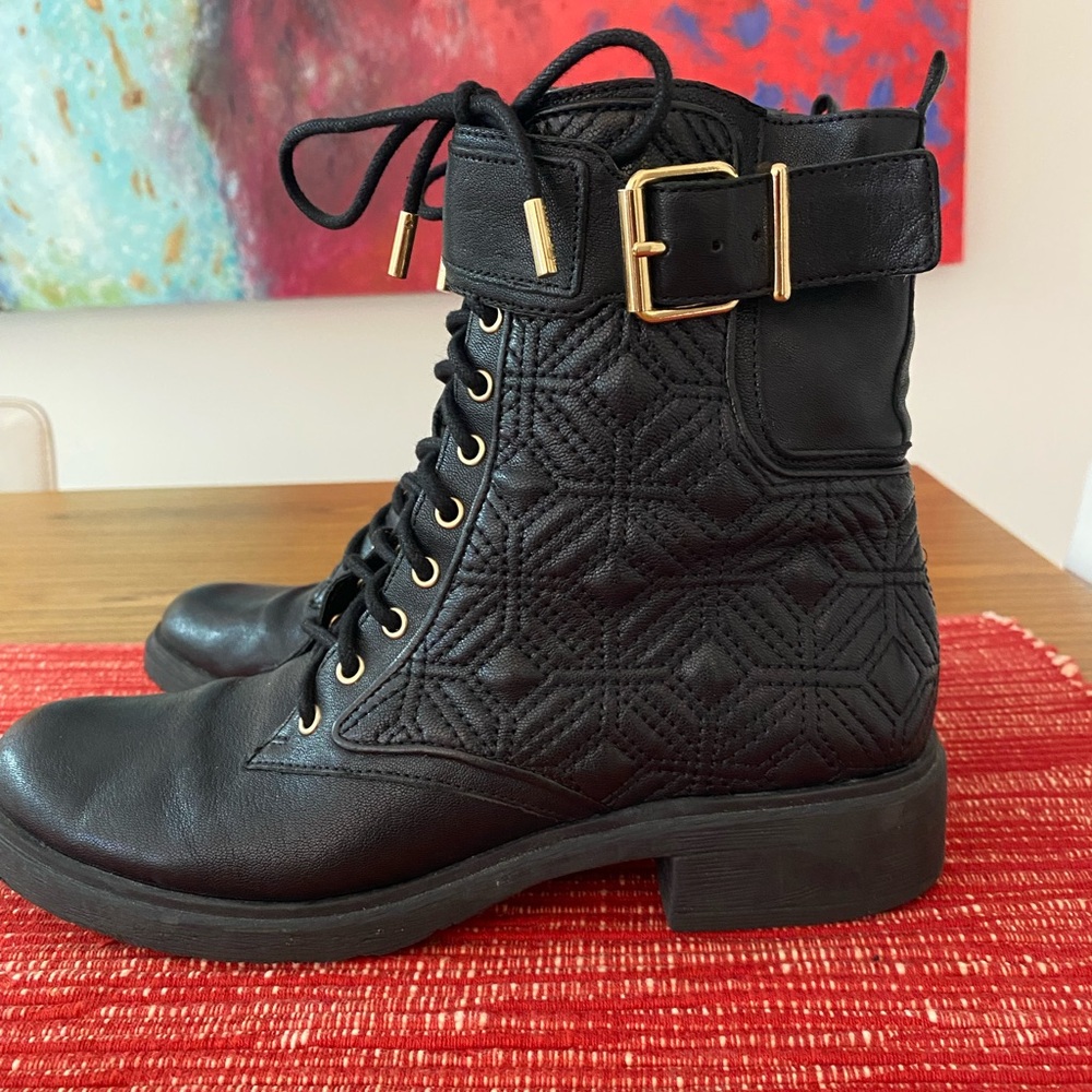 Vince Camuto Black Quilted Leather Ankle Boots with Gold Buckles